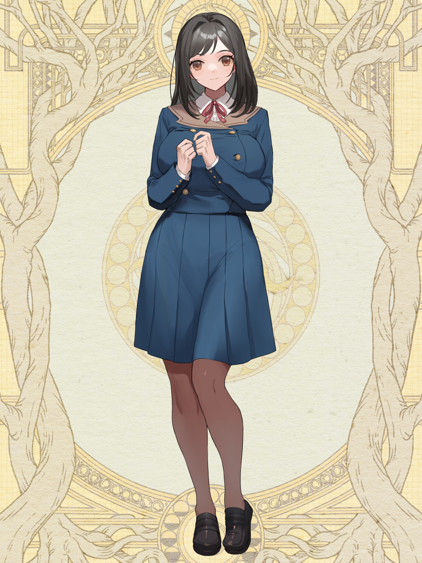 1girl, black_hair, black_shoes, blue_shirt, blue_skirt, breasts, brown_eyes, brown_hair, brown_pantyhose, dairoku_ryouhei, full_body, highres, keroin_hatako, kishiba_yuusuke, large_breasts, loafers, long_hair, long_sleeves, looking_at_viewer, pantyhose, red_ribbon, ribbon, school_uniform, shirt, shoes, skirt, smile, solo, standing, yellow_background