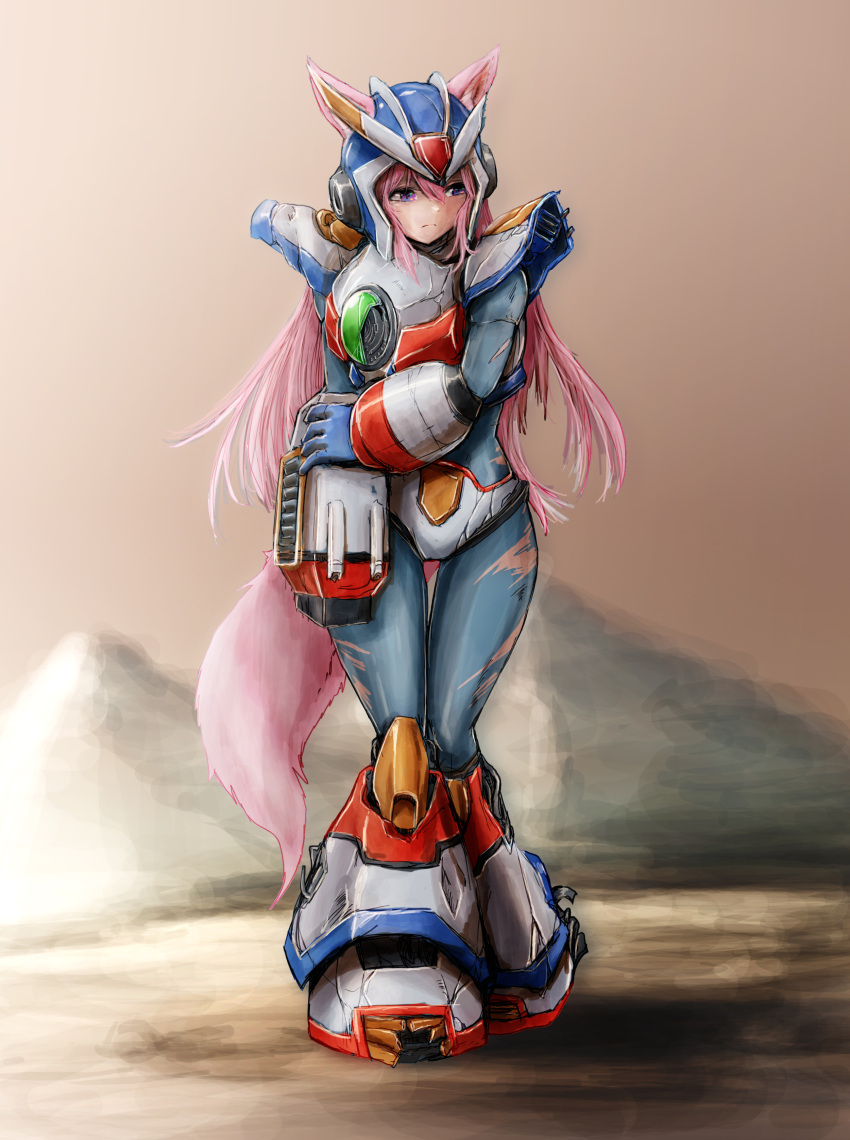 1girl, absurdres, animal_ears, arm_cannon, armor, battle_damage, chest_jewel, cosplay