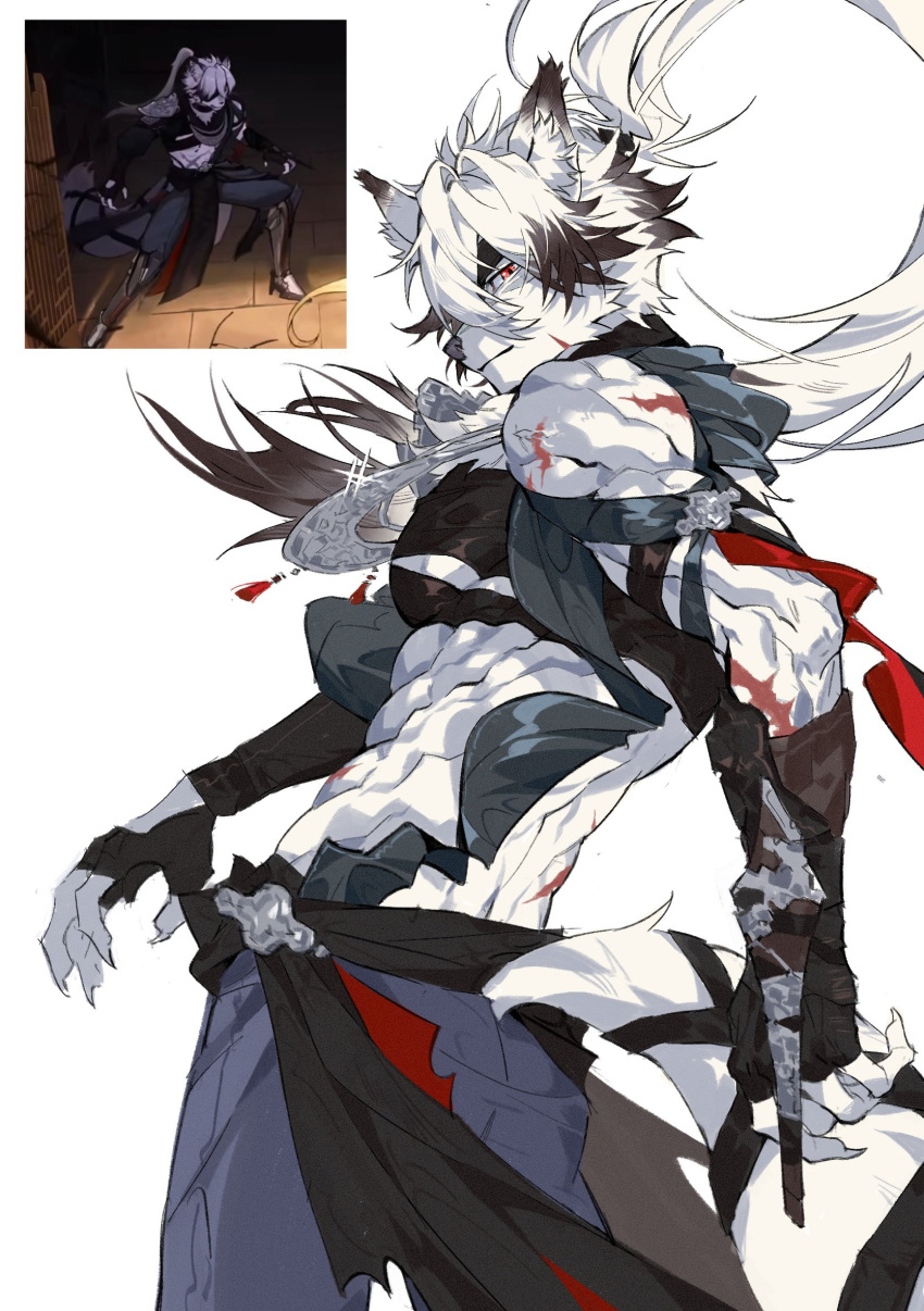 1boy, abs, animal_ears, claws, closed_mouth, colored_tips, english_commentary, eyepatch