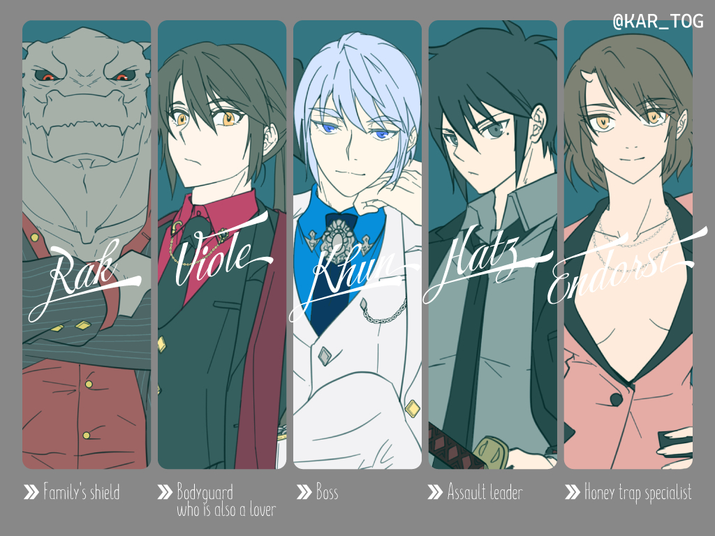 1girl, 4boys, androssi_zahard, black_hair, black_sclera, black_suit, blue_eyes, breasts