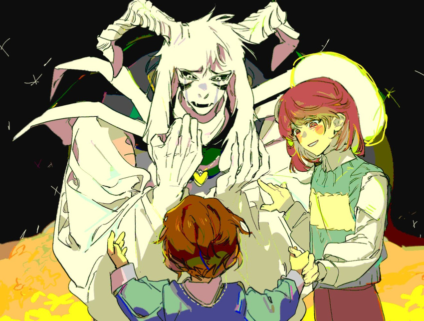 1boy, 2others, androgynous, animal_ears, asriel_dreemurr, asriel_dreemurr_(god_of_hyperdeath), black_background, black_sclera