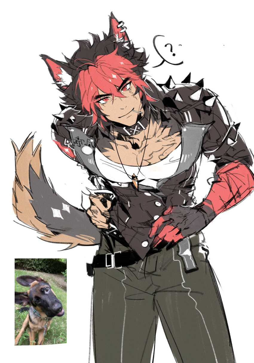 1boy, ?, animal_ears, closed_mouth, commentary_request, hands_on_own_hips, haru41113, highres