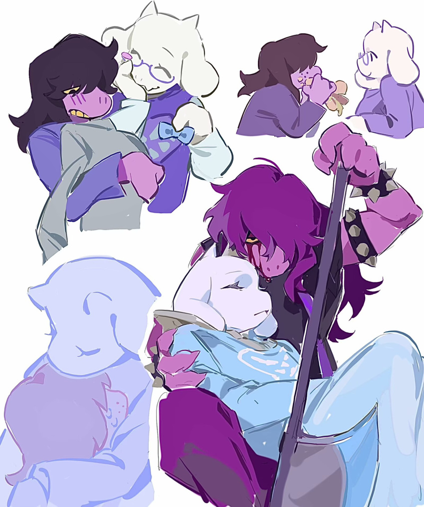 2girls, ^_^, armlet, blood, blood_from_forehead, blood_on_face, blue_robe, blush, bracelet, closed_eyes, colored_skin, deltarune, furry, furry_female, goat_girl, goat_horns, highres, horns, hug, jewelry, leseduo, looking_at_viewer, lying, lying_on_lap, multiple_girls, multiple_views, on_back, pink_skin, purple_hair, robe, simple_background, spiked_armlet, spiked_bracelet, spikes, susie_(dark_world)_(deltarune), susie_(deltarune), toriel, white_background, white_skin