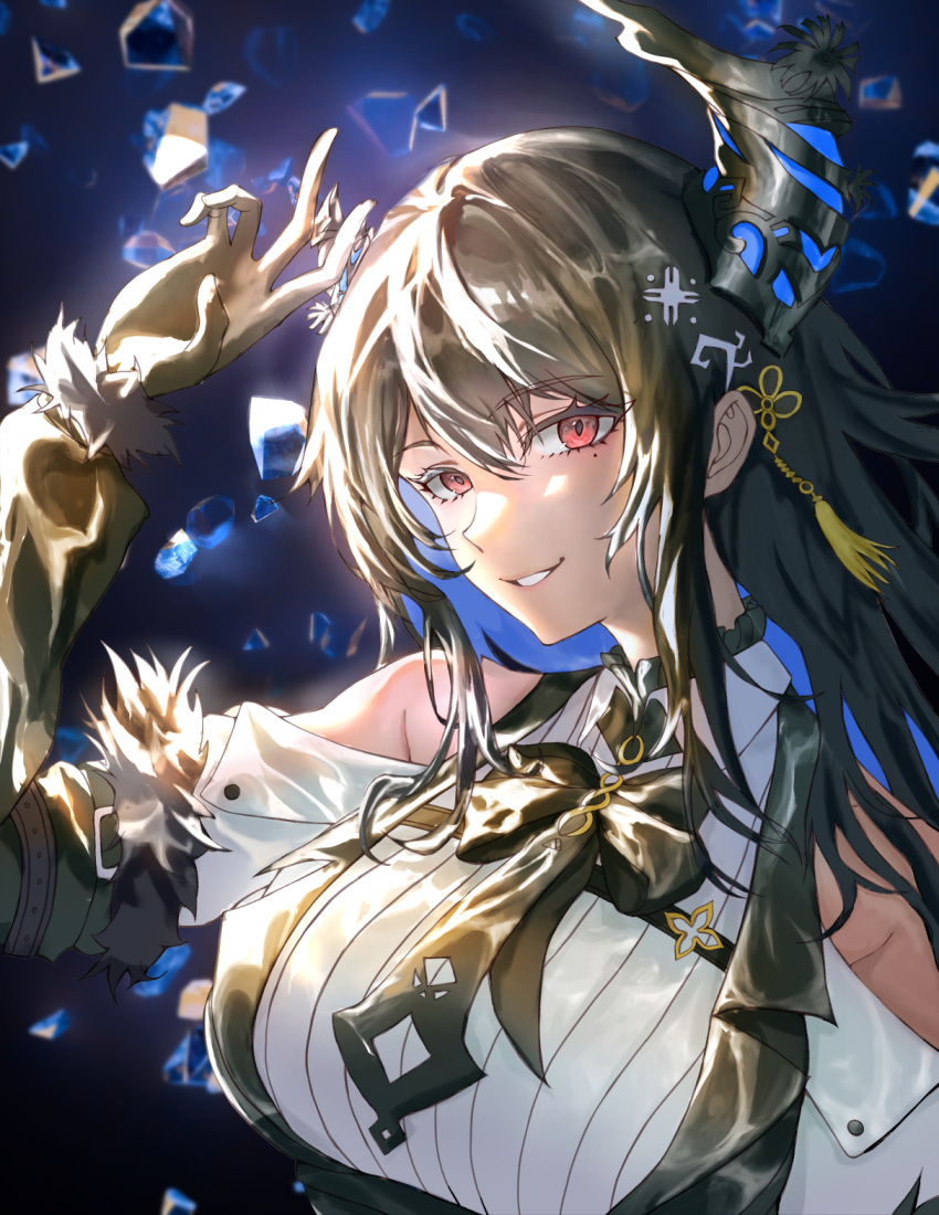1girl, black_gloves, black_necktie, black_sleeves, black_vest, closed_mouth, collared_shirt, demon_horns