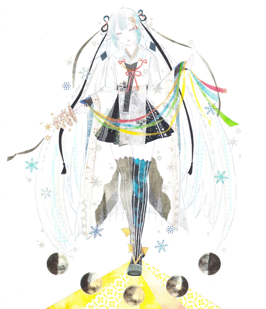 1girl, aqua_ribbon, bell, black_ribbon, black_shoes, black_skirt, black_sleeves, black_thighhighs