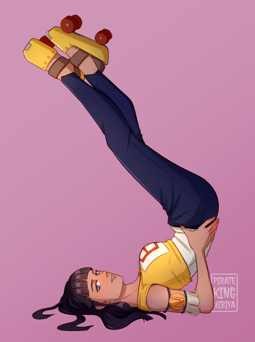 1girl, absurdres, armlet, black_hair, blunt_bangs, commentary, english_commentary, full_body, highres, jewelry, legs_up, long_hair, looking_at_viewer, nico_robin, one_piece, pkhibiya, profile, purple_background, roller_skates, simple_background, skates, sleeveless, solo, upside-down, watermark