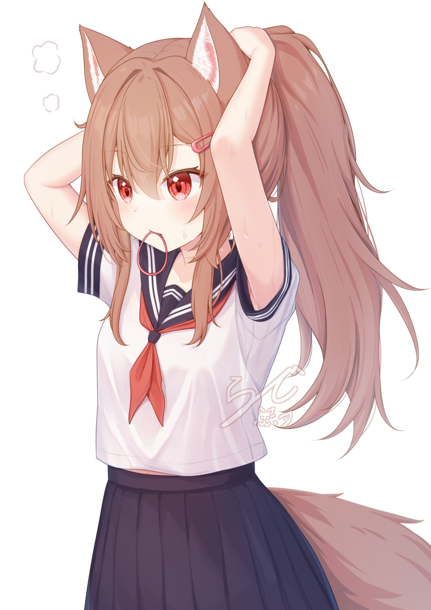 1girl, animal_ears, blue_sailor_collar, blue_skirt, breasts, brown_hair, commentary_request, fox_ears, fox_girl, fox_tail, hair_ornament, hair_tie_in_mouth, hairclip, highres, long_hair, mouth_hold, neckerchief, original, pleated_skirt, ponytail, rade_(rade_552), red_eyes, red_neckerchief, sailor_collar, school_uniform, serafuku, shirt, short_sleeves, simple_background, skirt, small_breasts, solo, tail, white_background, white_shirt