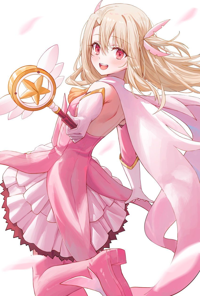 1girl, absurdres, blonde_hair, boots, breasts, cloak, dress, elbow_gloves