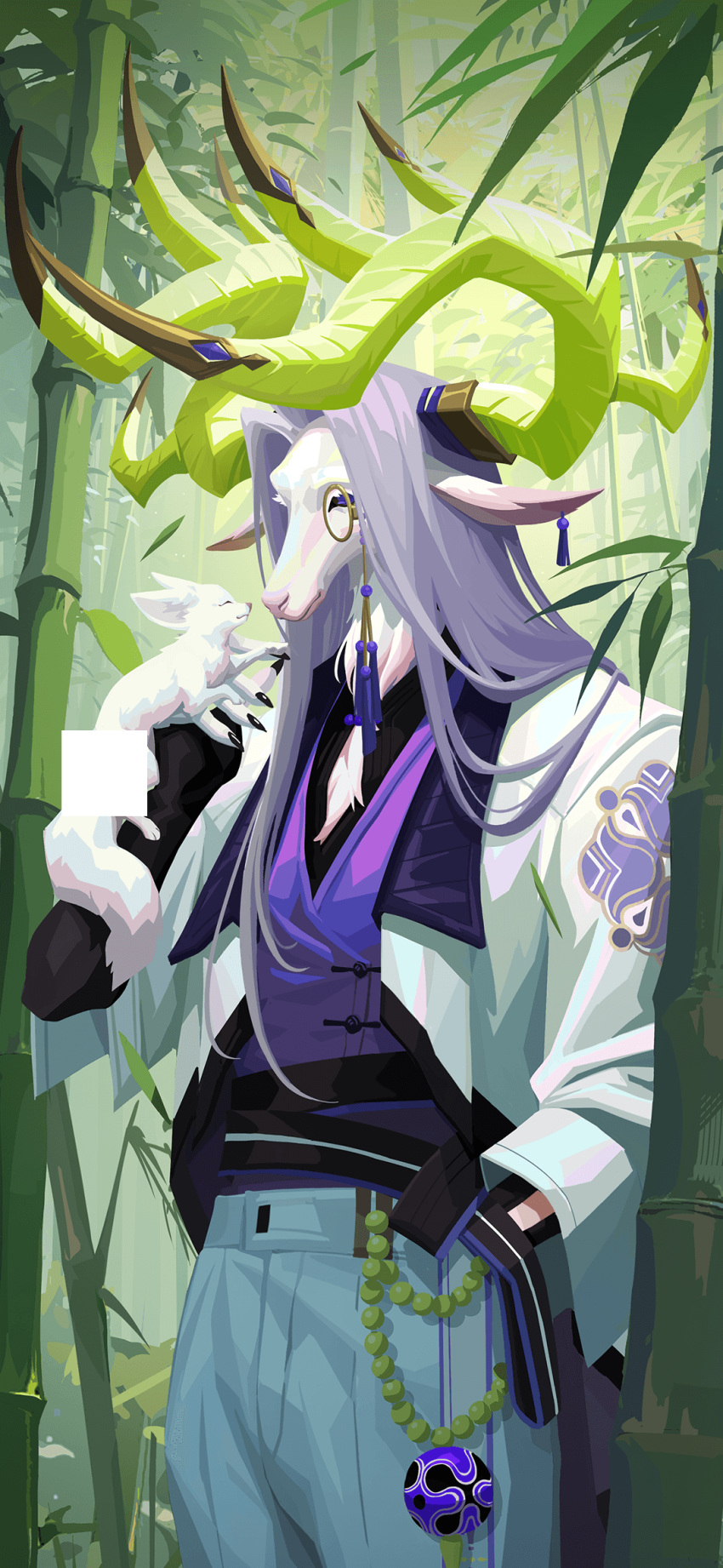 1boy, animal, animal_ears, artist_request, bamboo, bamboo_forest, black_shirt, coat, dislyte, earrings, falling_leaves, forest, fox, furry, furry_male, goat_boy, goat_ears, hand_in_pocket, highres, holding, holding_animal, horns, jewelry, leaf, looking_at_animal, male_focus, monocle, nature, non-web_source, official_art, purple_vest, shirt, single_earring, tassel, tassel_earrings, vest, white_coat, yu_ran_(bai_ze)_(dislyte)
