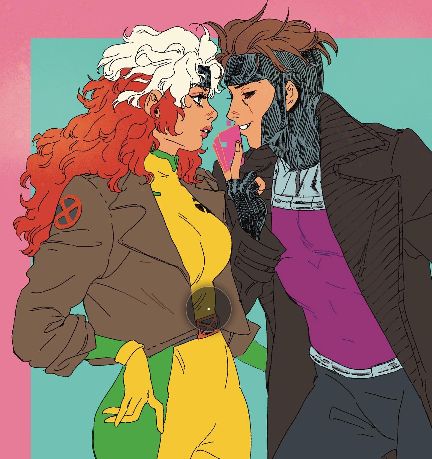 1boy, 1girl, aqua_background, black_gloves, black_pants, black_sclera, bodysuit, breasts