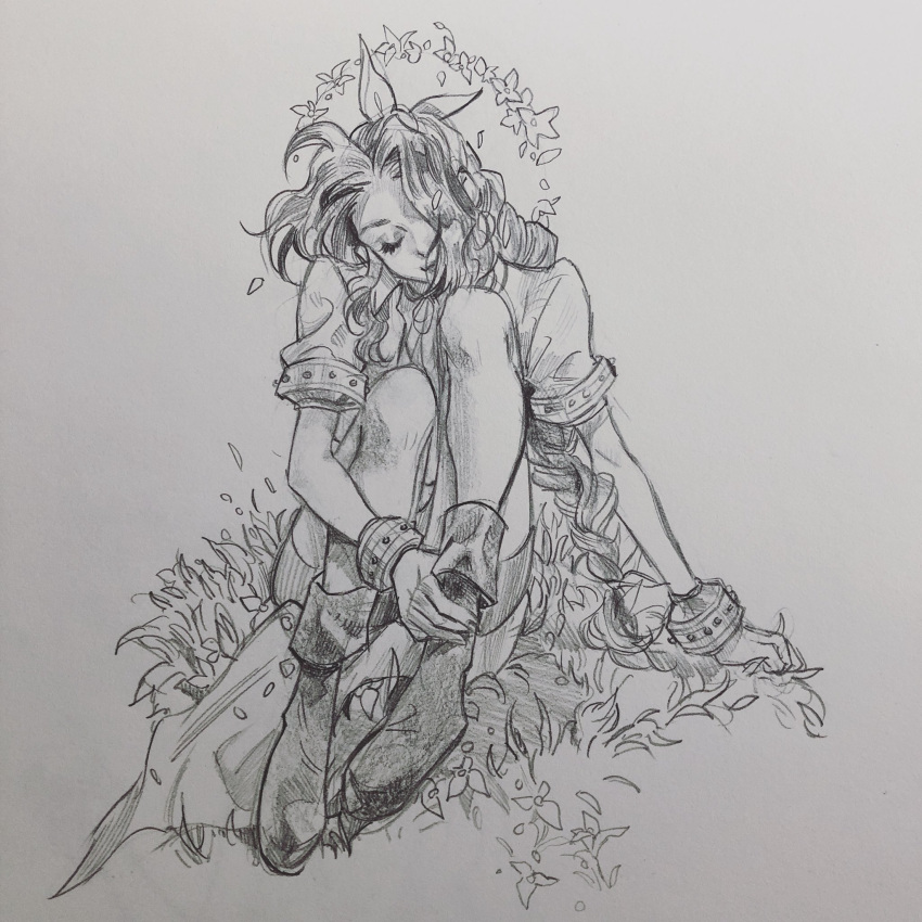 1girl, aerith_gainsborough, bangle, boots, bracelet, braid, braided_ponytail, choker