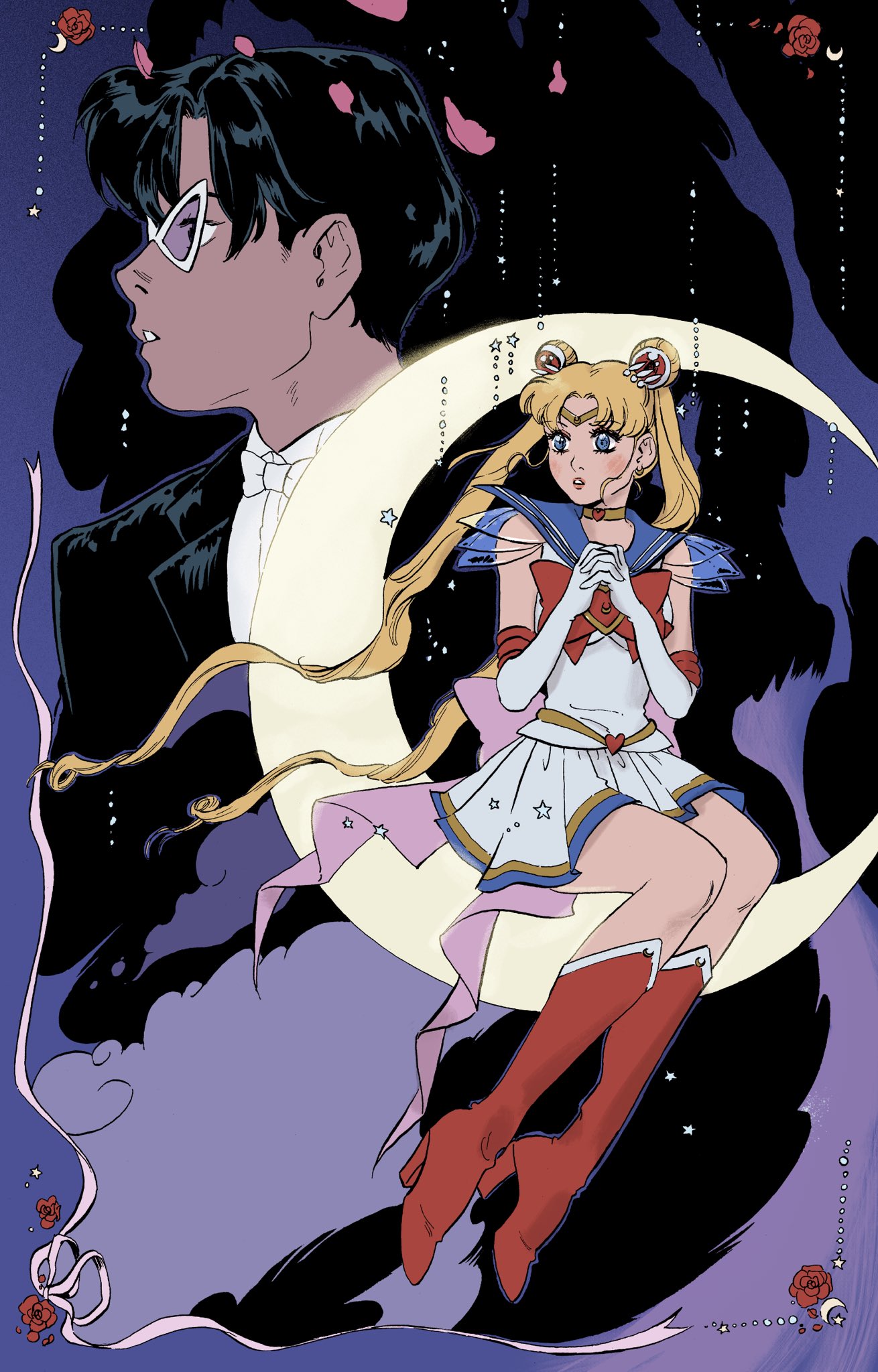 1boy, 1girl, back_bow, bishoujo_senshi_sailor_moon, black_hair, black_jacket, blue_eyes, blue_sailor_collar