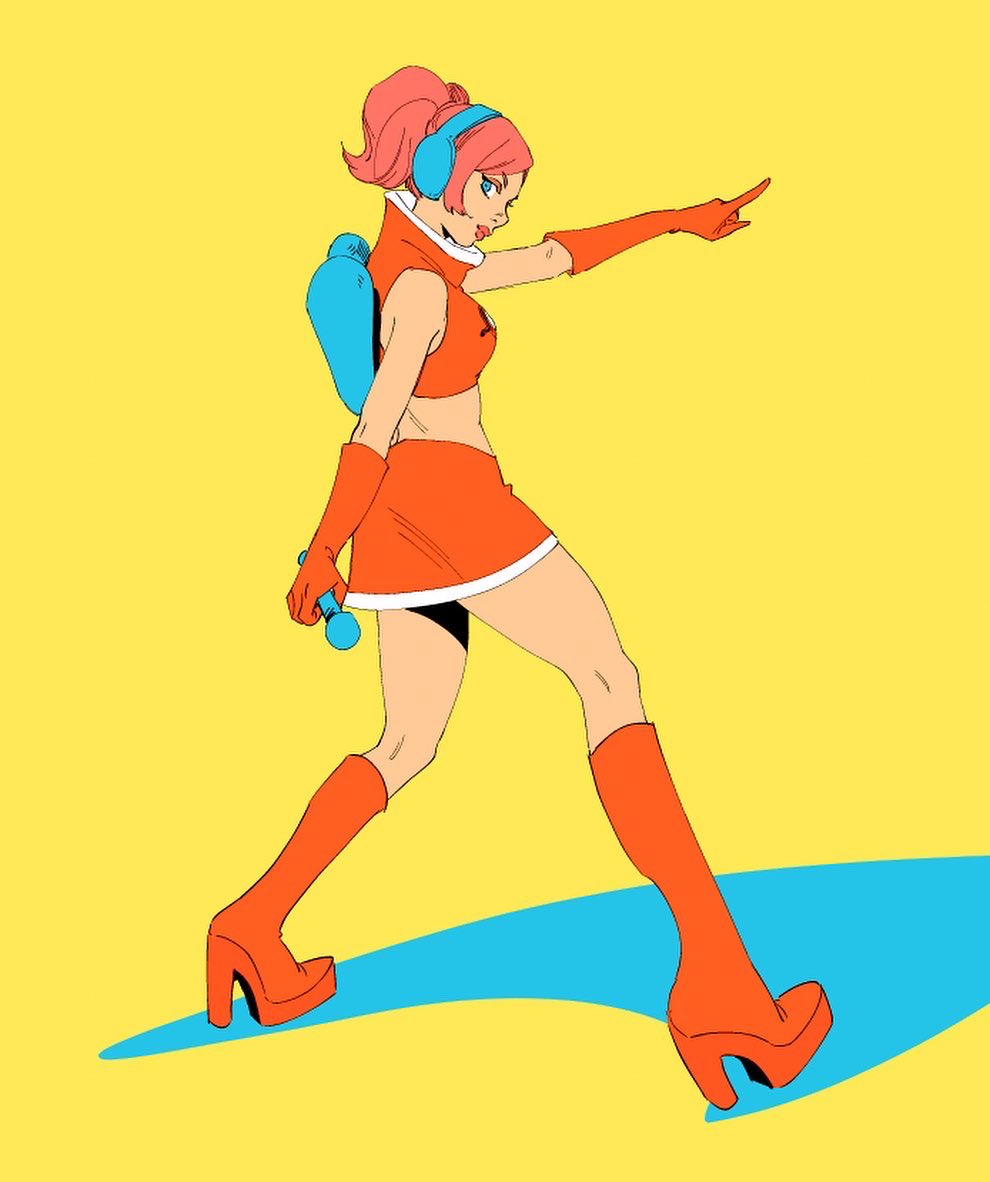 1girl, bare_shoulders, blue_eyes, boots, breasts, crop_top, full_body, gloves, headphones, high_heel_boots, high_heels, holding, holding_microphone, leslie_hung, medium_breasts, microphone, miniskirt, orange_boots, orange_gloves, orange_shirt, orange_skirt, pink_hair, pointing, ponytail, shirt, skirt, solo, space_channel_5, ulala, yellow_background