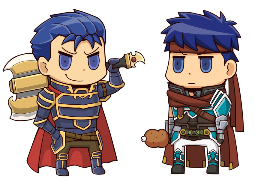 2boys, armor, axe, battle_axe, blue_eyes, blue_hair, boned_meat, cape
