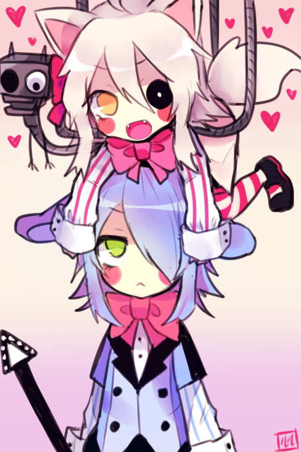 1boy, 1girl, animal_ears, black_shoes, blue_shirt, blue_vest, bow, bowtie