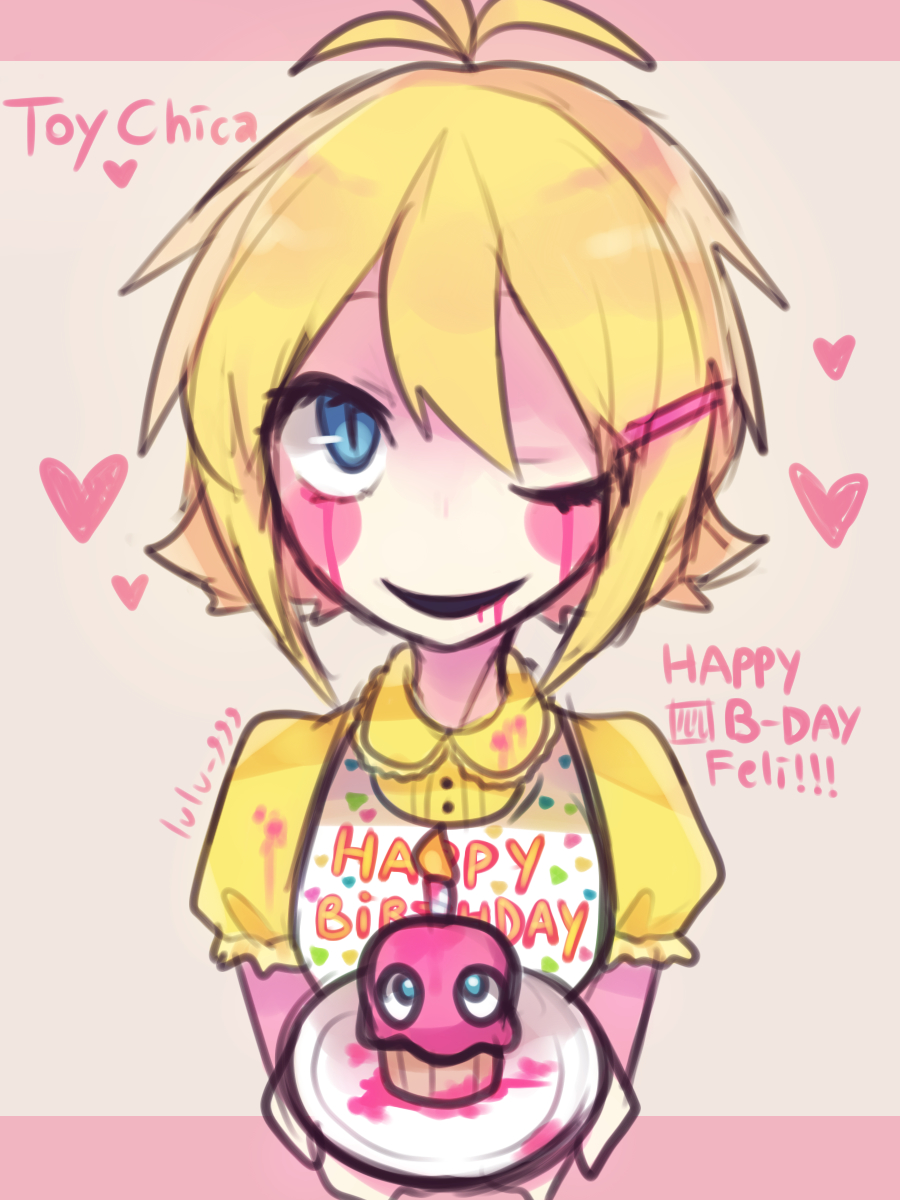 1girl, antenna_hair, blonde_hair, blue_eyes, cupcake, cupcake_(fnaf), five_nights_at_freddy's, five_nights_at_freddy's_2, food, highres, holding, holding_plate, looking_at_viewer, lulu-999, one_eye_closed, open_mouth, plate, puffy_short_sleeves, puffy_sleeves, shirt, short_hair, short_sleeves, smile, solo, toy_chica, upper_body, yellow_shirt