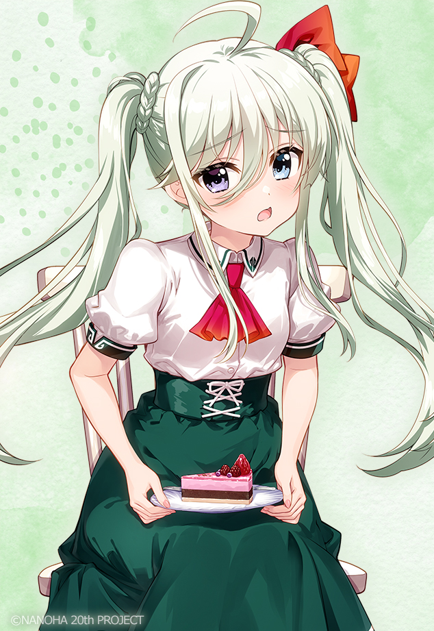 1girl, ahoge, blue_eyes, blush, bow, braid, cake, cake_slice