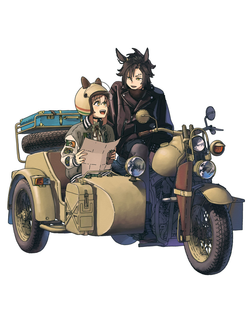 2girls, air_shakur_(umamusume), animal_ears, animal_ears_helmet, animal_helmet, badge, biker_clothes, bow
