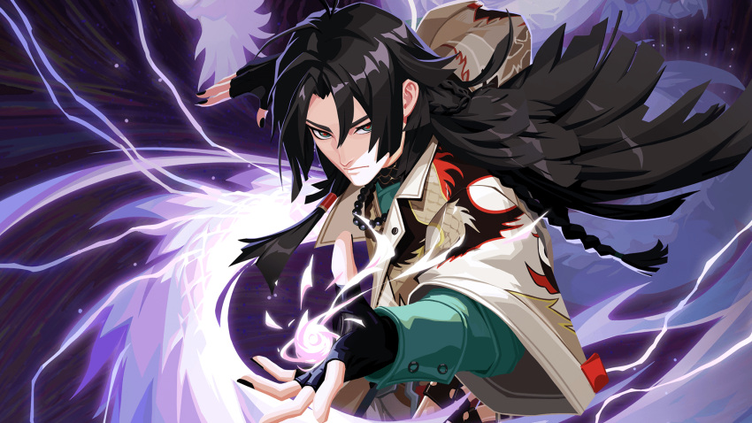 1boy, artist_request, bagua, black_hair, braid, dislyte, dragon, electricity