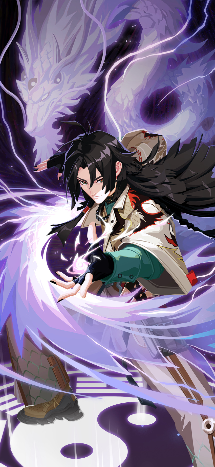 1boy, artist_request, bagua, black_hair, braid, dislyte, dragon, electricity