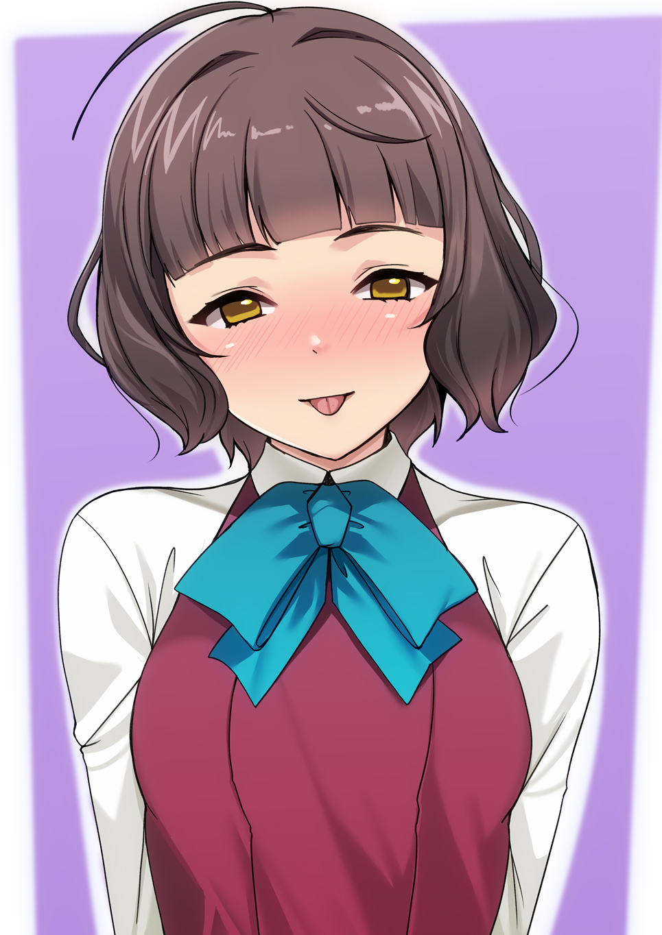 1girl, :p, ahoge, border, breasts, brown_eyes, brown_hair, commission