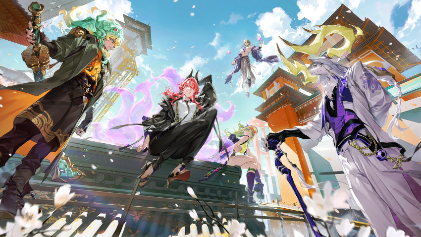 2girls, 3boys, animal_ears, artist_request, bird, blue_sky, cane, chu_yao_(taiyi)_(dislyte)