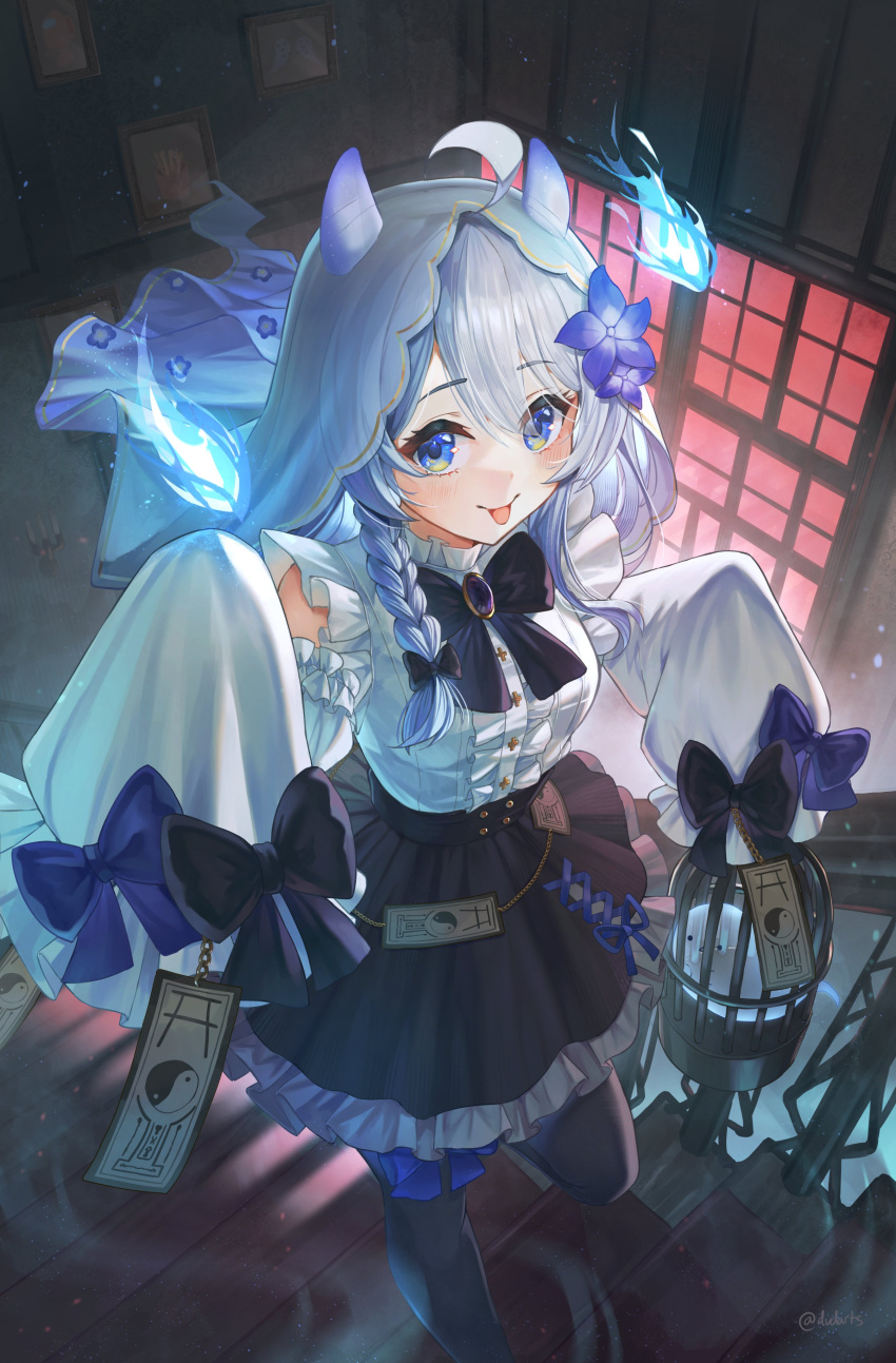 1girl, :p, absurdres, ahoge, birdcage, black_bow, black_bowtie, black_pantyhose, black_skirt, blue_bow, blue_eyes, blue_fire, blue_flower, blue_hair, bow, bowtie, braid, breasts, brooch, cage, center_frills, closed_mouth, cross-laced_clothes, cross-laced_skirt, detached_sleeves, dvdarts, english_commentary, fire, flower, frills, ghost, ghost_girl, glitch_stars, gradient_hair, grey_hair, hair_bow, hair_flower, hair_ornament, high-waist_skirt, highres, holding, holding_cage, horns, indoors, jewelry, long_hair, looking_at_viewer, medium_breasts, mogughost_(vtuber), multicolored_hair, ofuda, pantyhose, puffy_sleeves, shirt, signature, single_braid, skirt, sleeve_bow, sleeveless, sleeveless_shirt, sleeves_past_fingers, sleeves_past_wrists, solo, standing, suspender_skirt, suspenders, thigh_bow, tongue, tongue_out, underbust, veil, very_long_sleeves, virtual_youtuber, white_shirt, white_sleeves, window, yin_yang