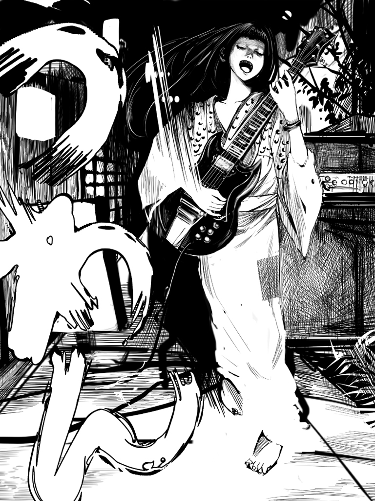 barefoot, ghost, gibson, guitar, instrument, long_hair, monochrome, motion_blur