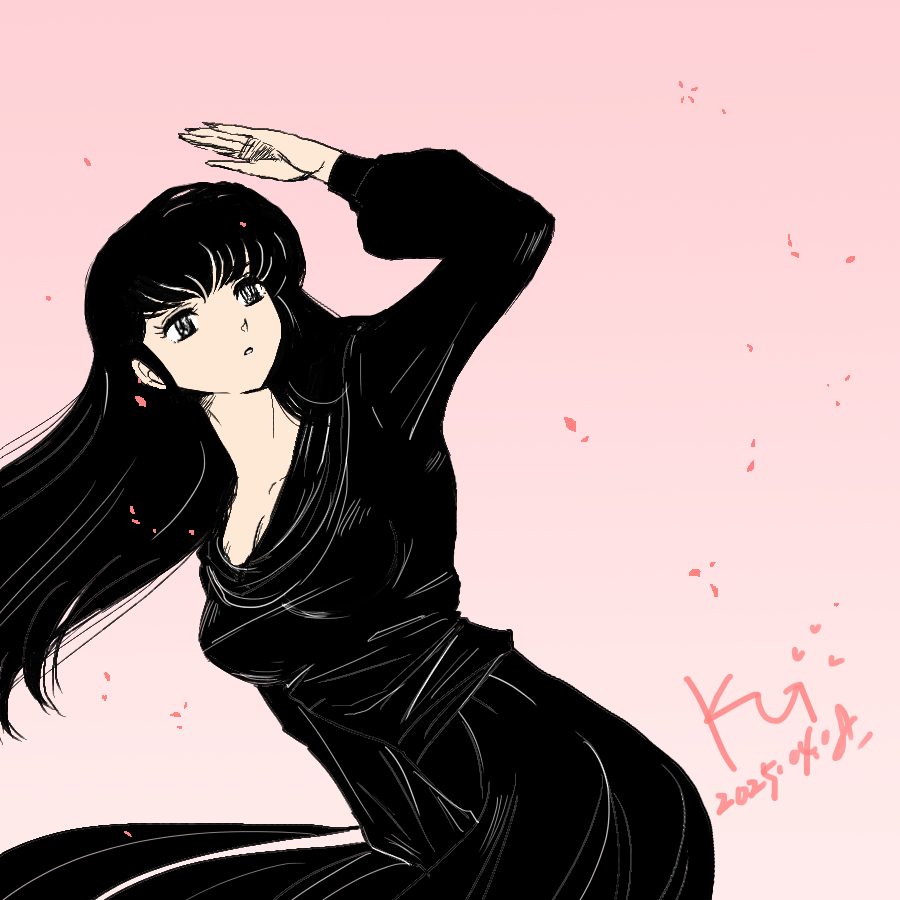 black_dress, black_hair, breasts, cherry_blossoms, dress, funeral_dress, hand_over_face, jian_yin