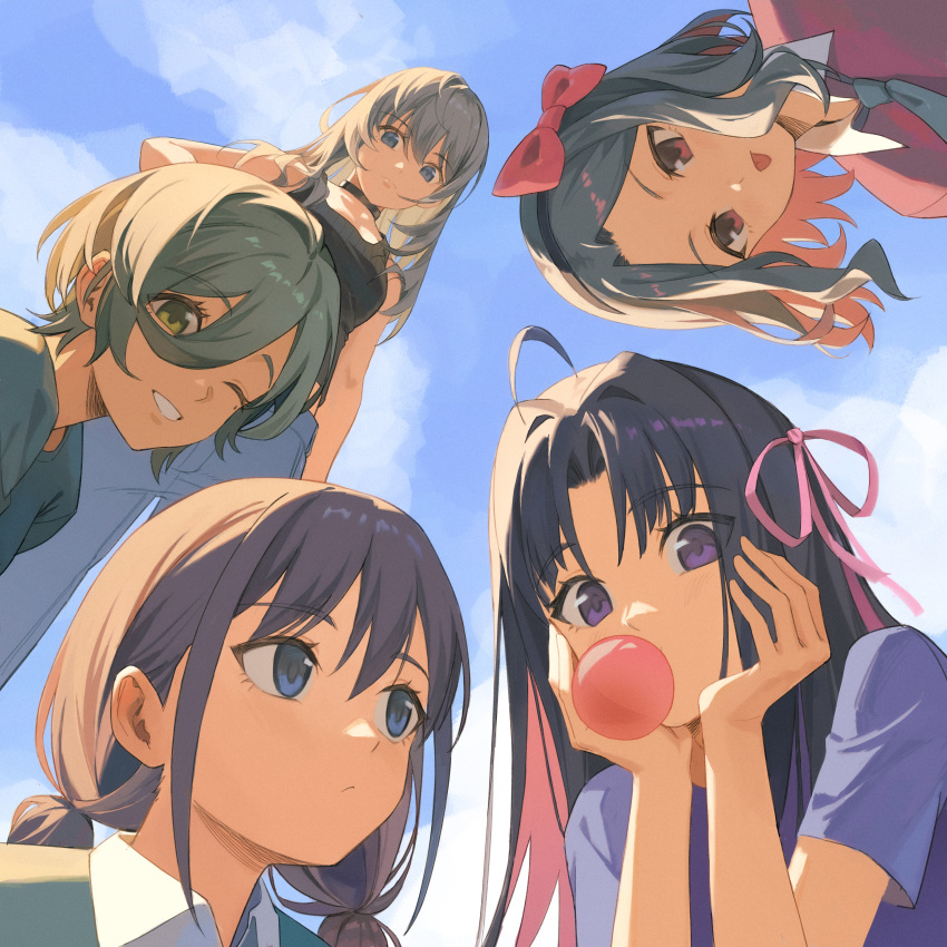 5girls, :/, :p, absurdres, ahoge, awa_subaru, black_choker, black_hair