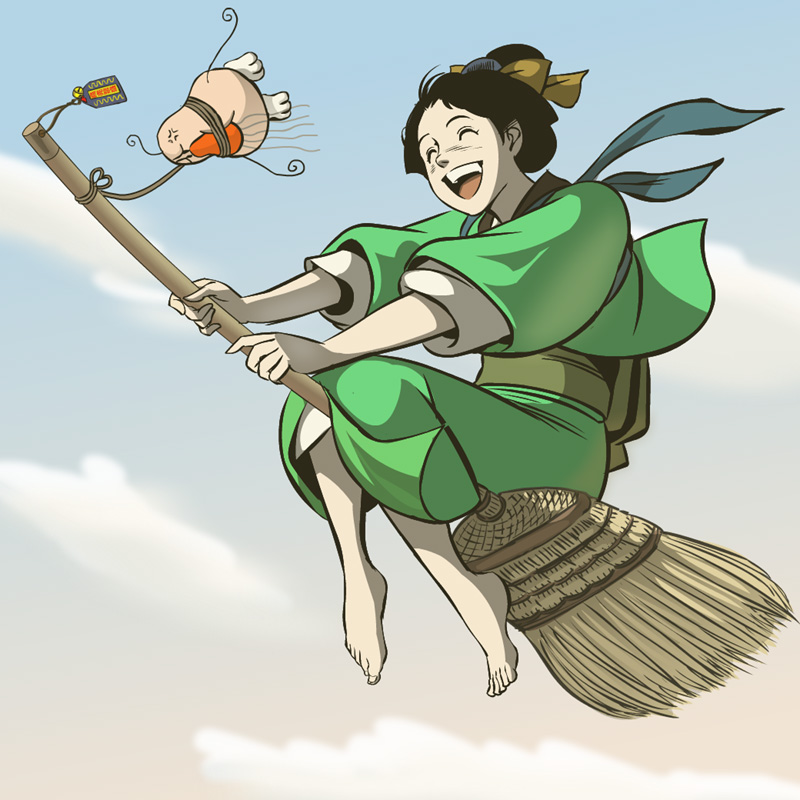 barefoot, broom, broom_riding, cloud, clouds, feet, flying, happy