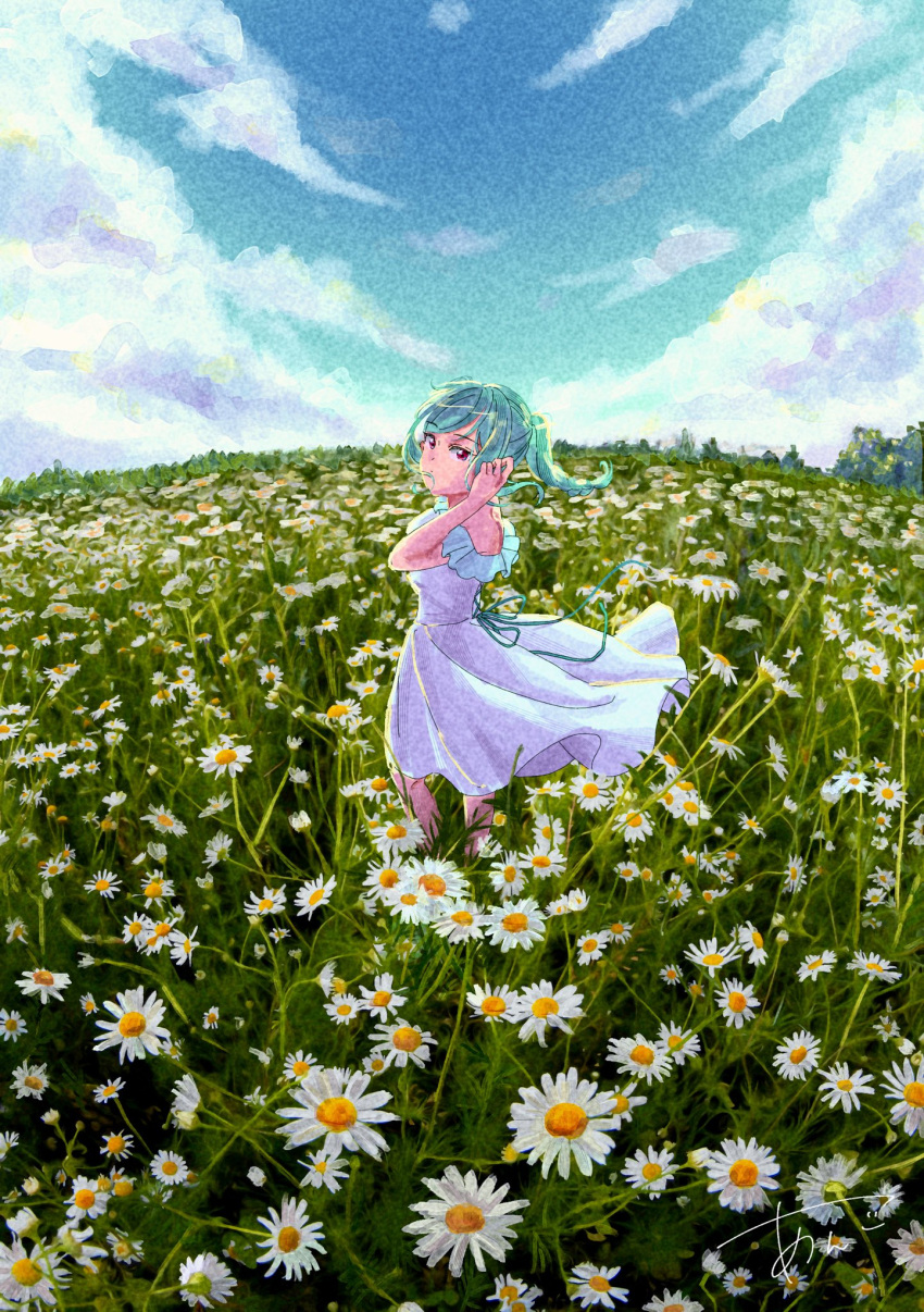 1girl, adjusting_hair, anko_(koshianko_7310), artist_name, blue_sky, braided_twintails, clouds, commentary_request