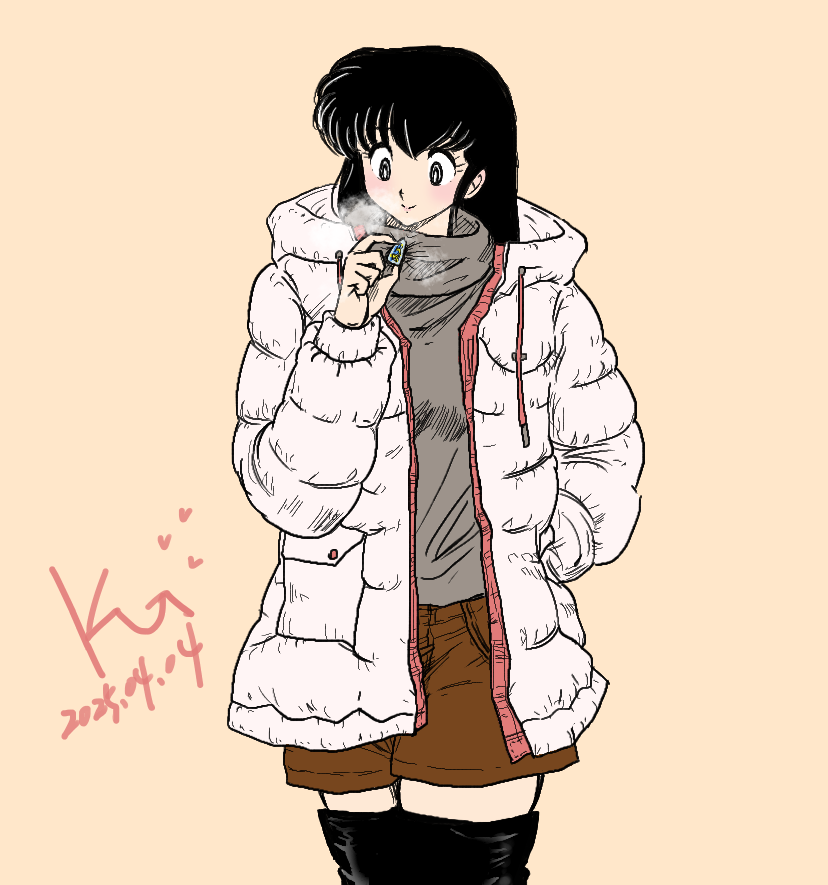 black_boots, black_eyes, black_hair, blush, boots, coat, cream_background, grey_sweater