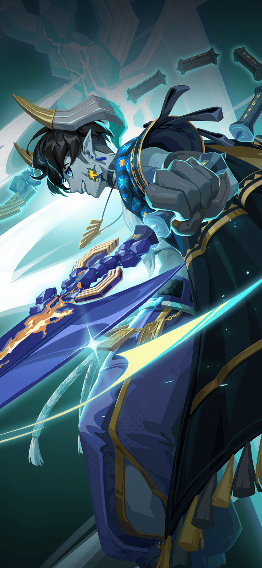 1boy, amir_(enkidu), artist_request, black_hair, blue_skin, colored_skin, dislyte, earrings