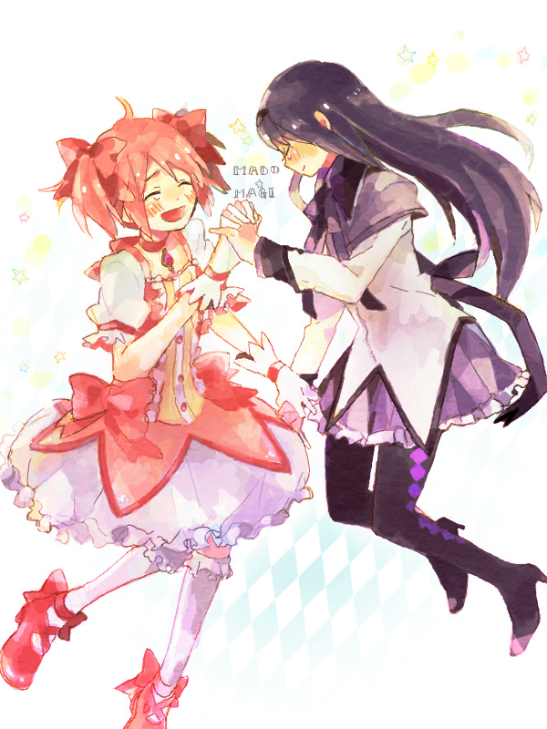 akemi_homura, bad_id, black_hair, black_legwear, black_pantyhose, bow, bubble_skirt, clasped_fingers, hair_bow, hairband, hand_holding, hands_clasped, holding_hands, interlocked_fingers, kaname_madoka, kasai, kneehighs, magical_girl, mahou_shoujo_madoka_magica, multiple_girls, pantyhose, pink_hair, shoes, short_twintails, title_drop, twintails, white_kneehighs, white_legwear