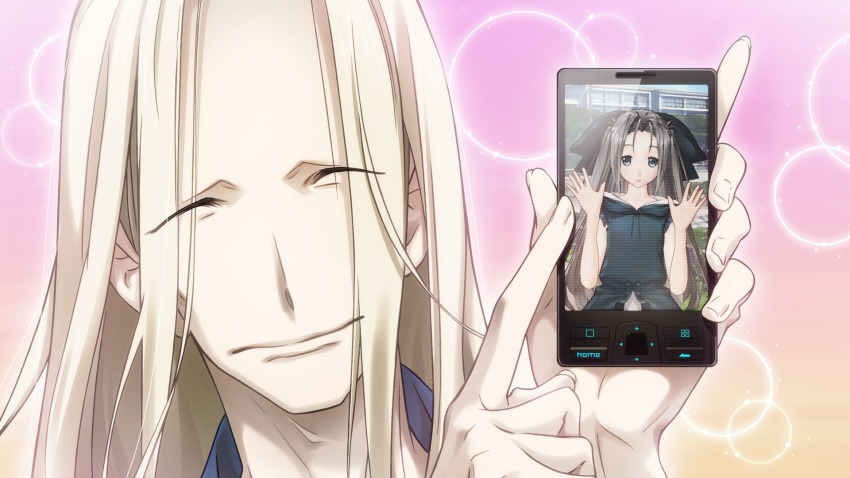1boy, 1girl, 3d, adam's_apple, black_dress, blonde_hair, blue_eyes, blurry, bokeh, closed_eyes, depth_of_field, dress, fingernails, frilled_dress, frilled_skirt, frilled_sleeves, frills, fukuda_tomonori, game_cg, grey_hair, hair_between_eyes, hands_up, highres, holding, holding_phone, kimijima_kou, long_hair, looking_at_viewer, non-web_source, official_art, open_mouth, phone, pink_background, puffy_short_sleeves, puffy_sleeves, robotics;notes, short_sleeves, skirt, sleeveless_vest, smile, twintails, yukifune_airi
