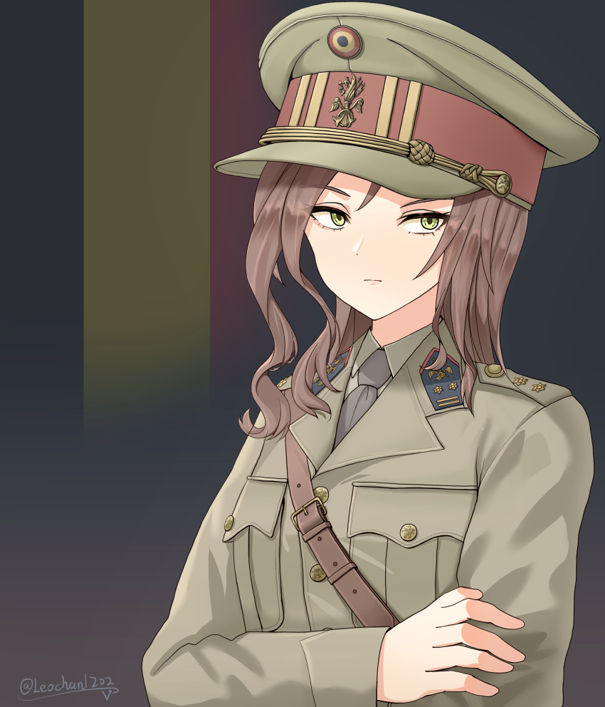 1girl, absurdres, artist_name, belgian_army, belgian_flag, belgium, breast_pocket, brown_hair