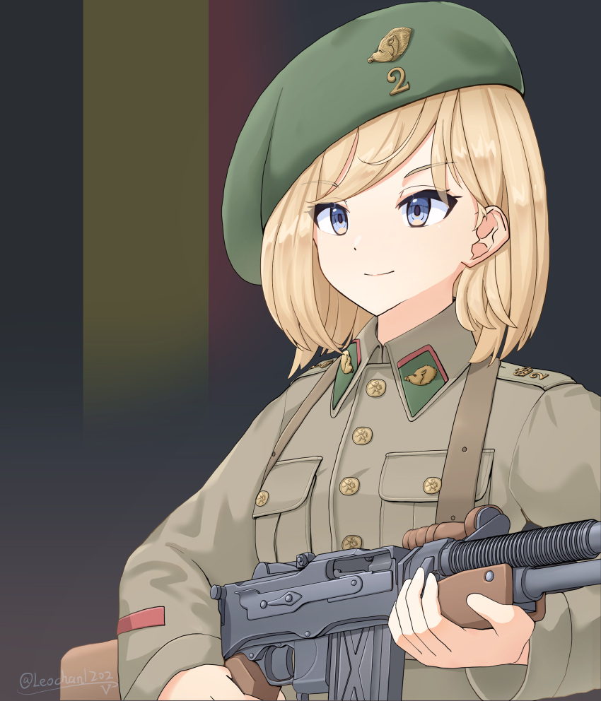 1girl, absurdres, artist_name, belgian_army, belgian_flag, belgium, beret, blonde_hair