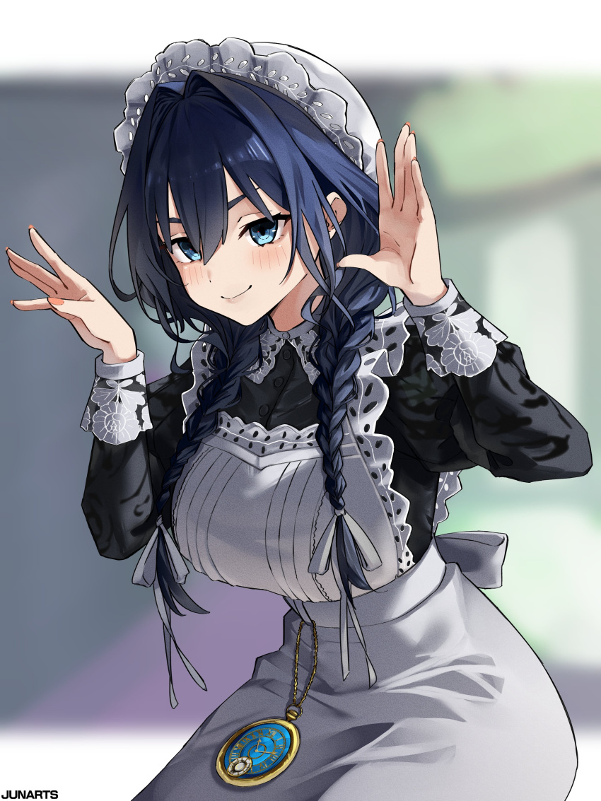 1girl, absurdres, apron, artist_name, black_dress, blue_eyes, blue_hair, blurry, blurry_background, braid, breasts, double-parted_bangs, dress, frilled_apron, frilled_wrist_cuffs, frills, hair_intakes, hair_ribbon, hands_up, highres, hololive, hololive_english, juliet_sleeves, junarts, large_breasts, light_blush, long_sleeves, low_twin_braids, maid_apron, maid_headdress, official_alternate_costume, ouro_kronii, ouro_kronii_(maid), pink_nails, pocket_watch, puffy_sleeves, ribbon, smile, solo, twin_braids, virtual_youtuber, watch, wrist_cuffs