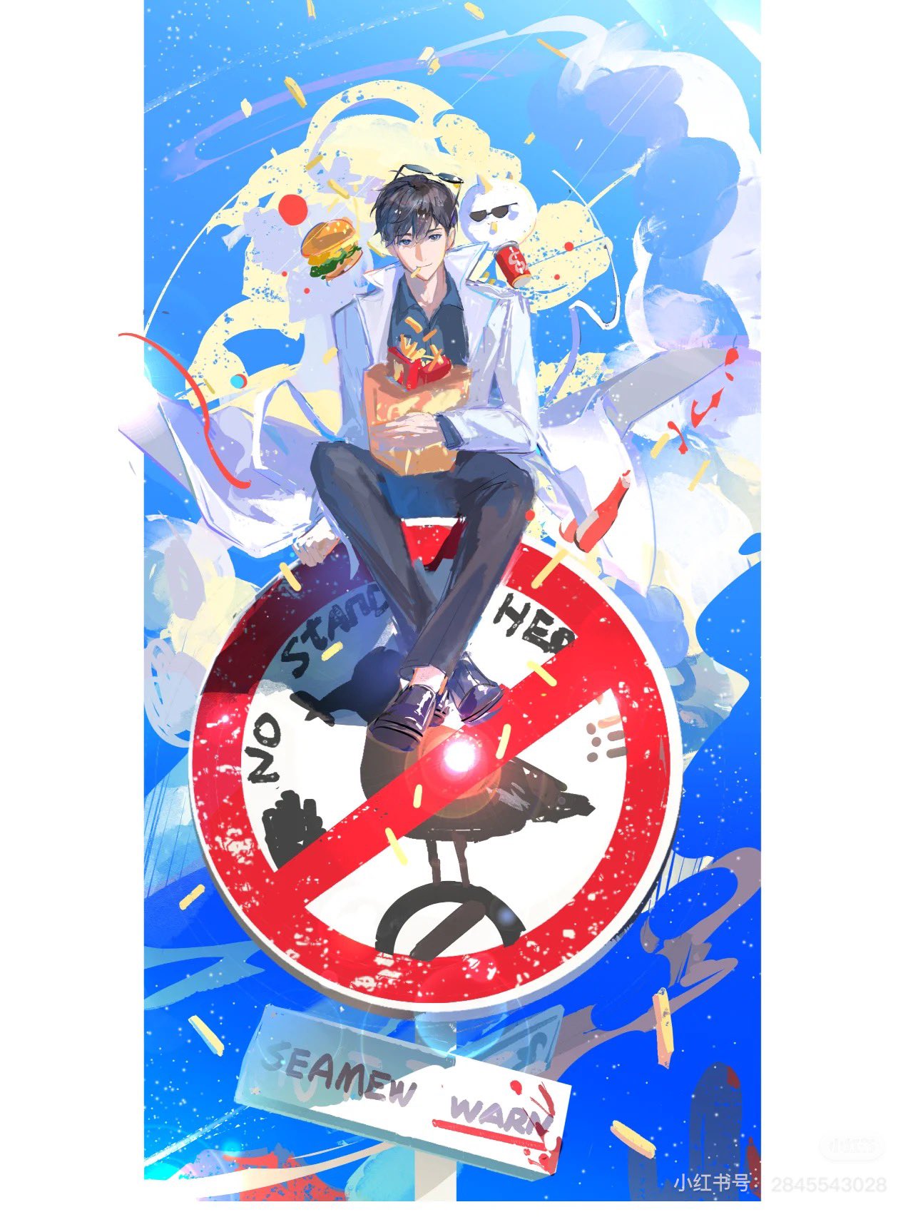 1boy, bag, black_hair, black_shirt, blue_eyes, blue_sky, border, burger