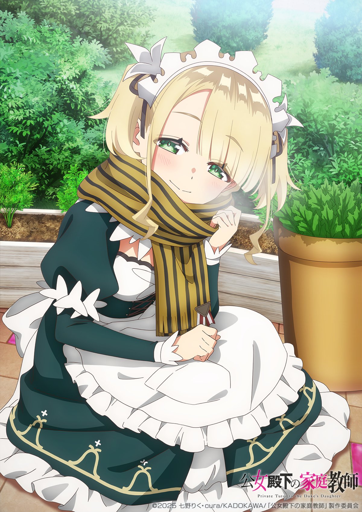 1girl, anime_coloring, apron, blonde_hair, blush, commentary_request, dress, ellie_walker