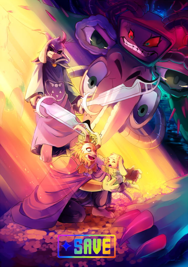 3boys, armor, asgore_dreemurr, asriel_dreemurr, asriel_dreemurr_(god_of_hyperdeath), beard, black_sclera, blonde_hair, cape, colored_sclera, crown, dual_wielding, english_commentary, english_text, facial_hair, father_and_son, flower_bed, furry, furry_male, grin, holding, holding_sword, holding_weapon, hug, looking_at_another, lukyyuki, multiple_boys, open_mouth, photoshop_flowey, purple_cape, purple_robe, robe, smile, sword, undertale, weapon, white_fur, yellow_petals