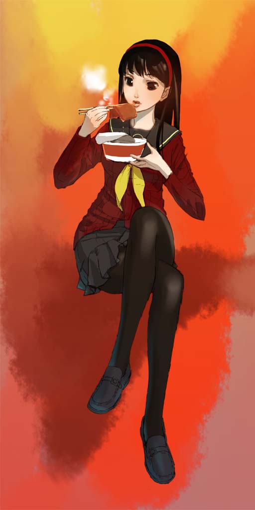 amagi_yukiko, black_legwear, blowing, bowl, chopsticks, crossed_legs, hairband, hime_cut