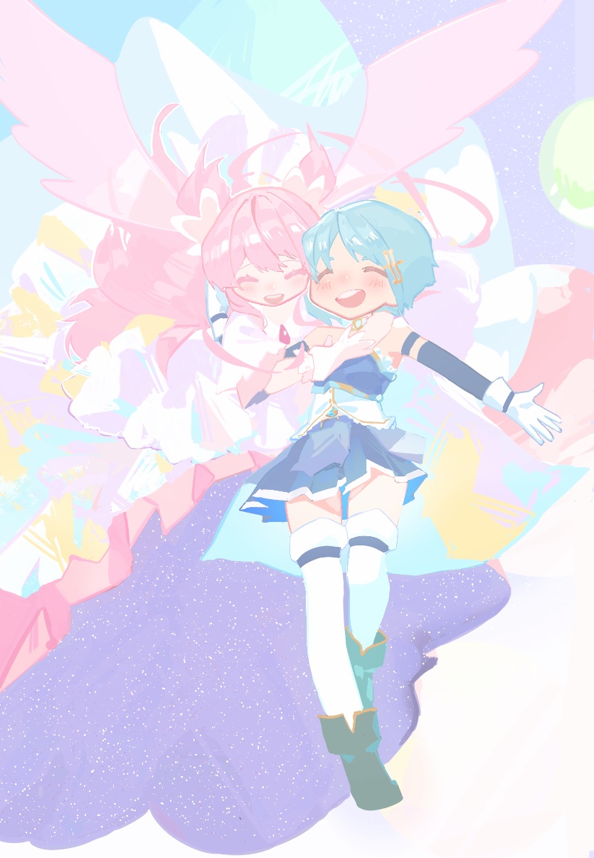 2girls, ^_^, blue_boots, blue_hair, blue_skirt, boots, closed_eyes, detached_sleeves