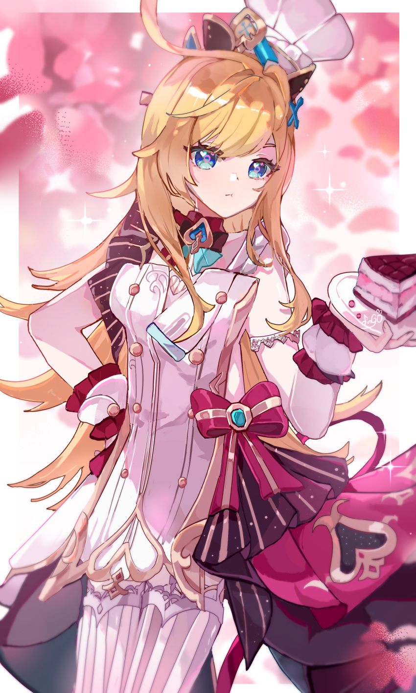 1girl, absurdres, ahoge, apron, blonde_hair, blue_eyes, bow, cake, chef_hat, escoffier_(genshin_impact), food, genshin_impact, hat, highres, holding, holding_plate, knife_hair_ornament, long_hair, plate, red_bow, solo, thigh-highs, white_hat, white_thighhighs, zhui_ming_jin_ge