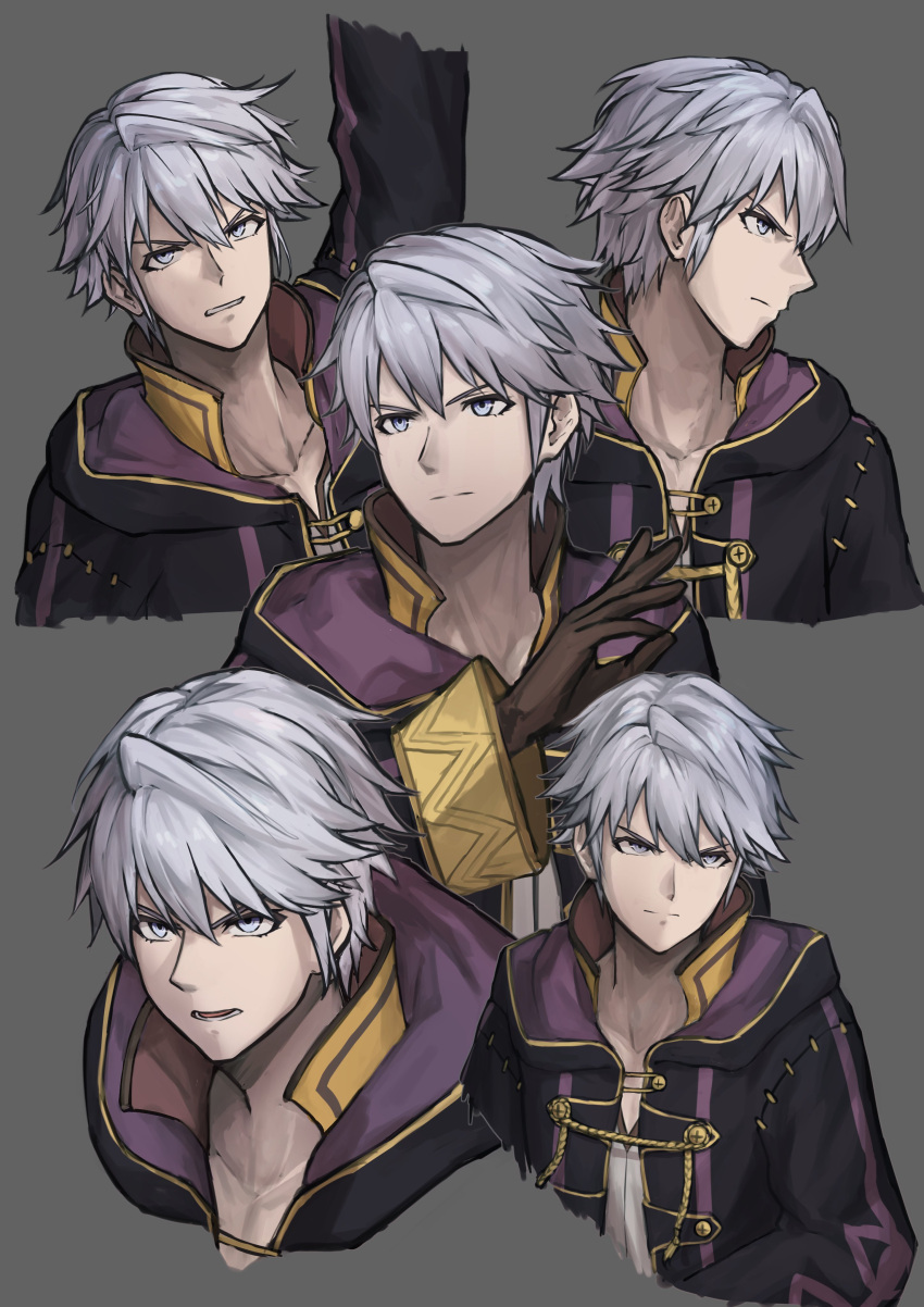 1boy, absurdres, arm_up, black_robe, brown_gloves, closed_mouth, fire_emblem, fire_emblem_awakening, fire_emblem_engage, gloves, grey_background, grey_eyes, hair_between_eyes, highres, long_sleeves, male_focus, male_robin_(emblem)_(fire_emblem), male_robin_(fire_emblem), multiple_views, open_clothes, open_robe, robe, short_hair, simple_background, white_hair, zuzu_(ywpd8853)