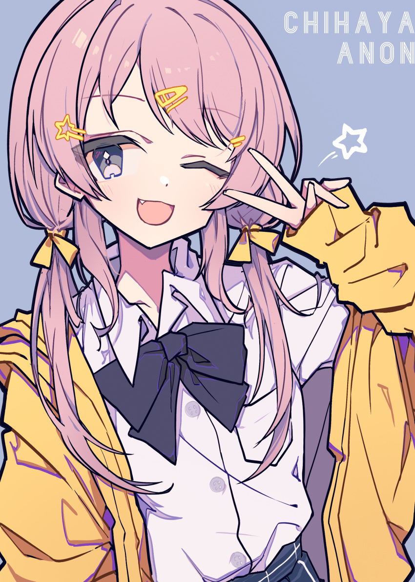 1girl, ;d, absurdres, bang_dream!, bang_dream!_it's_mygo!!!!!, black_bow, black_bowtie, blue_background, blush, bow, bowtie, character_name, chihaya_anon, chinese_commentary, collared_shirt, commentary_request, dress_shirt, fang, grey_eyes, hair_ornament, hair_ribbon, hairclip, highres, jacket, long_sleeves, low_twintails, one_eye_closed, open_mouth, pink_hair, ribbon, shirt, simple_background, sleeves_past_wrists, smile, solo, twintails, v, v_over_eye, white_shirt, yellow_jacket, yellow_ribbon, zhong_xiansheng