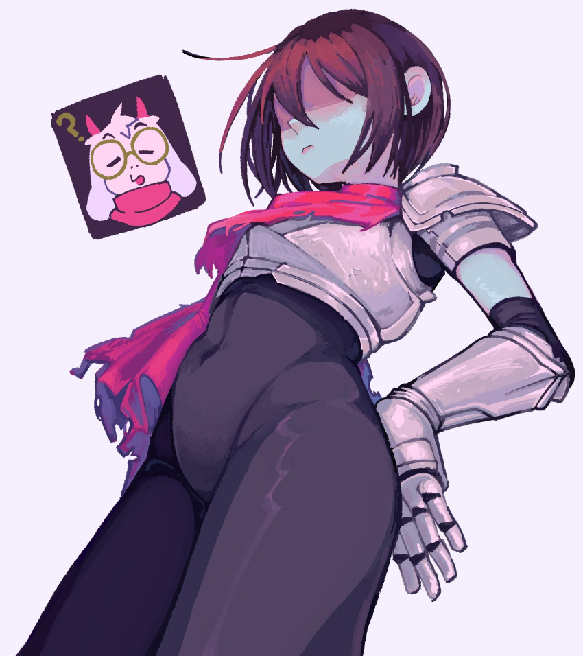 1boy, 1other, ?, androgynous, armor, black_unitard, blue_skin, blupixl, breastplate, colored_skin, covered_navel, deltarune, from_below, gauntlets, glasses, goat_boy, goat_horns, hair_over_eyes, highres, horns, kris_(dark_world)_(deltarune), kris_(deltarune), partially_shaded_face, scarf, shoulder_armor, simple_background, solo_focus, standing, unitard