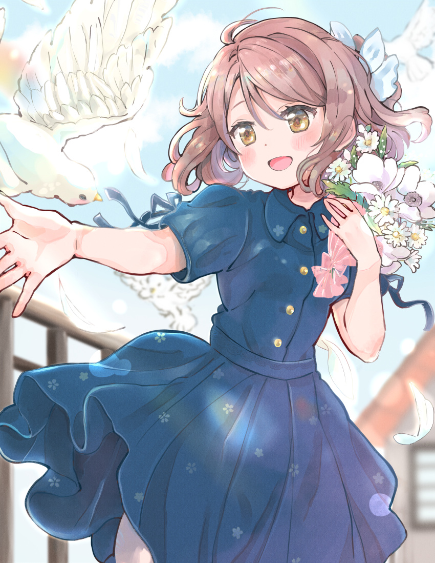 1girl, :d, absurdres, bird, blue_shirt, blue_skirt, blurry, blurry_background, blush, bouquet, brown_eyes, brown_hair, buttons, collared_shirt, commentary_request, day, flower, flower_wrapper, hacosumi, hair_ribbon, highres, holding, holding_bouquet, house, open_mouth, original, outdoors, outstretched_arm, ribbon, shirt, shirt_tucked_in, short_hair, short_sleeves, skirt, smile, solo, white_bird, white_flower, white_ribbon