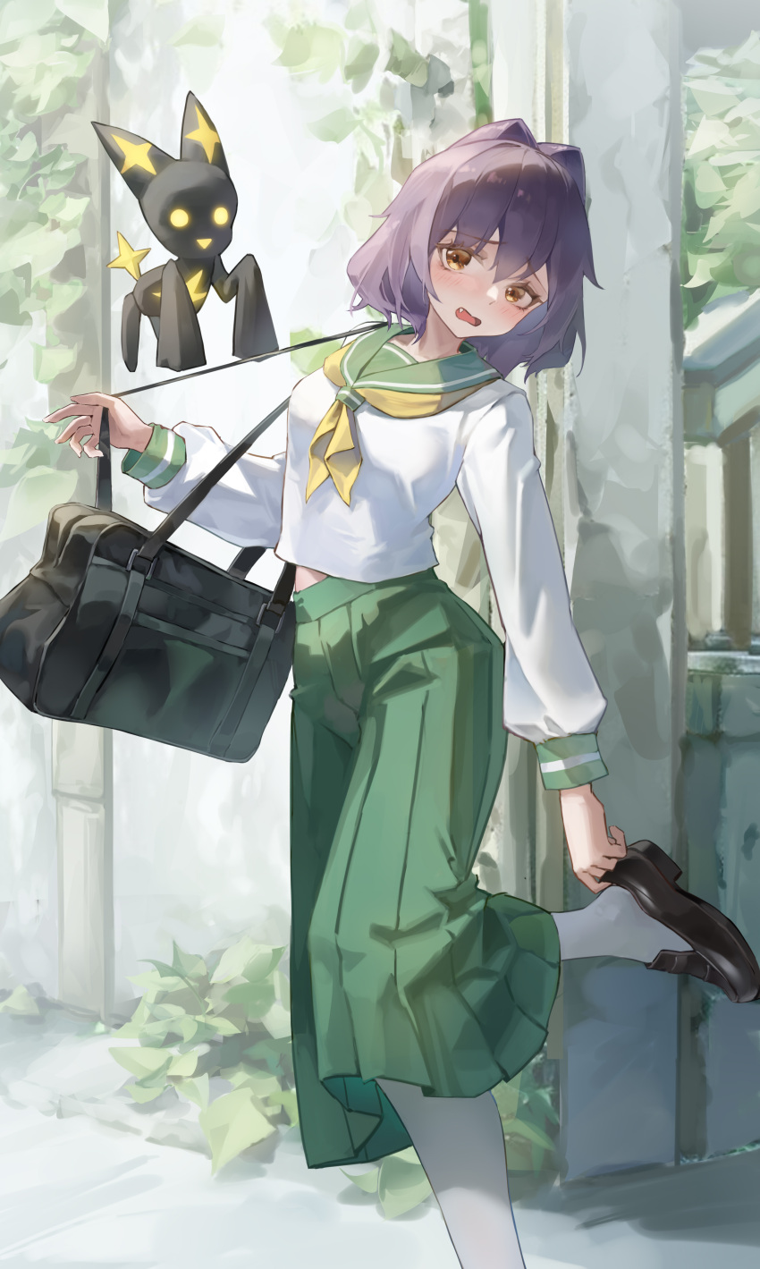 1girl, absurdres, bag, black_hair, blush, brown_eyes, brown_shoes, commentary_request